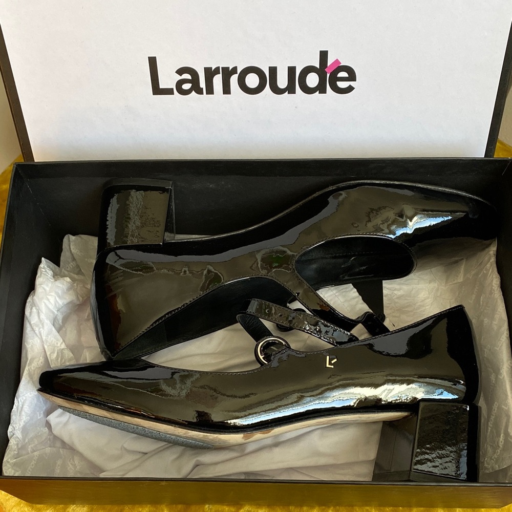 Larroude Black Patent Blaire Mary Janes with Low Block Heel